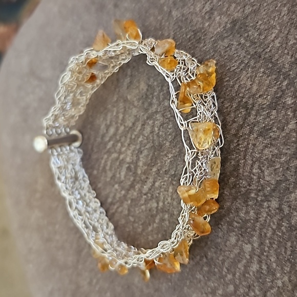 Vintage Sterling Silver Wire Wrapped Birdnest Amber Chip Bracelet - Picture 3 of 9